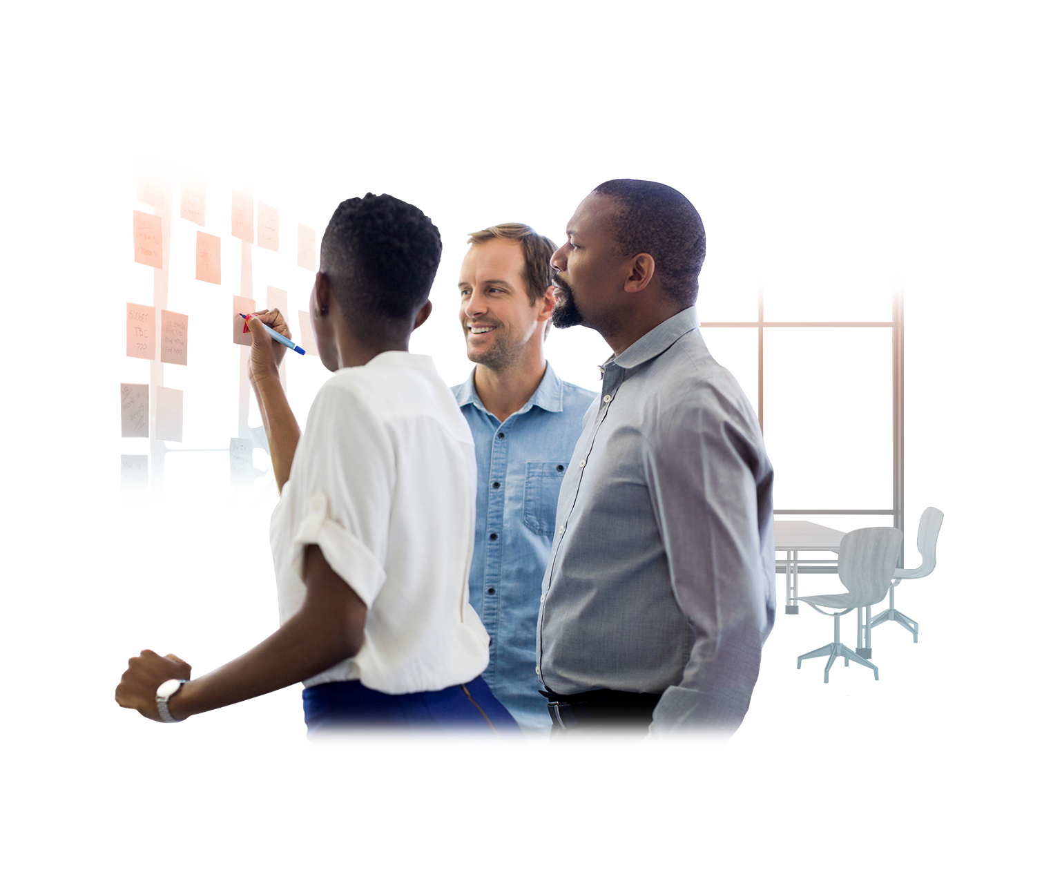 Two men and a woman collaborating using a whiteboard